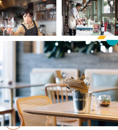 Collage of restaurant environments and employees