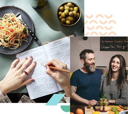 Collage of notebook writing and a couple in a restaurant