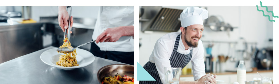 Collage of chef prepping pasta in the kitchen