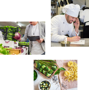 Man shopping for vegetables, A chef on the phone, A variety of chopped up vegetables