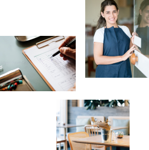 Three images, one of a restaurant worker, another of a table in the last someone writing on a clipboard.