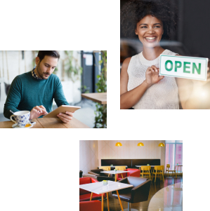 A man writing in his notepad, A woman holding an open sign in her restaurant, A restaurant with funky coloured furniture