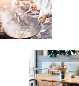 Two images, one of a cook using a wok the other of a table at a Café.
