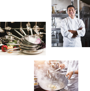 A group of pan stacked delicately on top of each other, A chef smiling in the kitchen, A chef cooking a dish in a sizzling pan