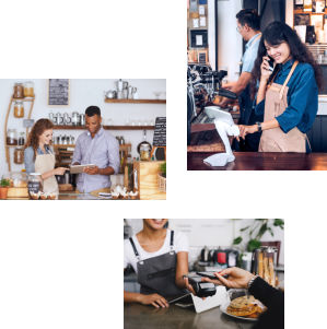 Three images of restaurant workers doing their job with technology.