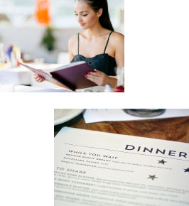 First image is woman reading a menu and second image is a menu