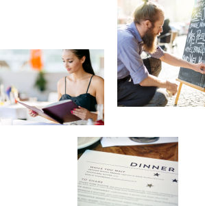 First image is woman looking at menu and second image is man drawing on chalkboard and third image is a menu