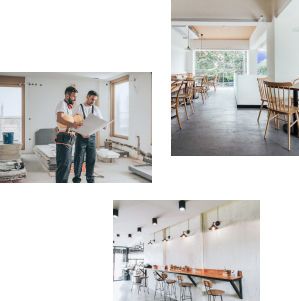 Three images, two of an interior space and the other two men in a room looking over blueprints to create the interior space.