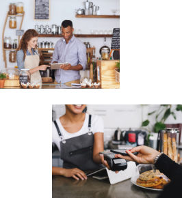 Two images, one of someone who's paying for food and the other of two people looking in iPad discussing something.
