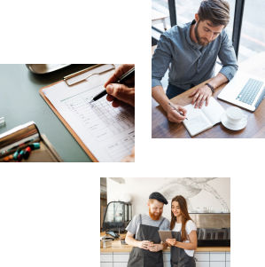Three images, one ring something on a clipboard, another working writing something down, and the other two restaurant workers talking using an iPad.