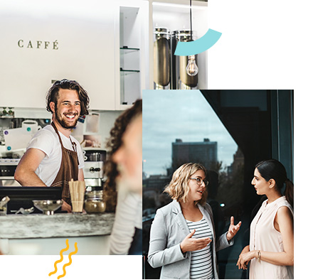 Two images, one of two women talking, and the other a barista talking to a customer.