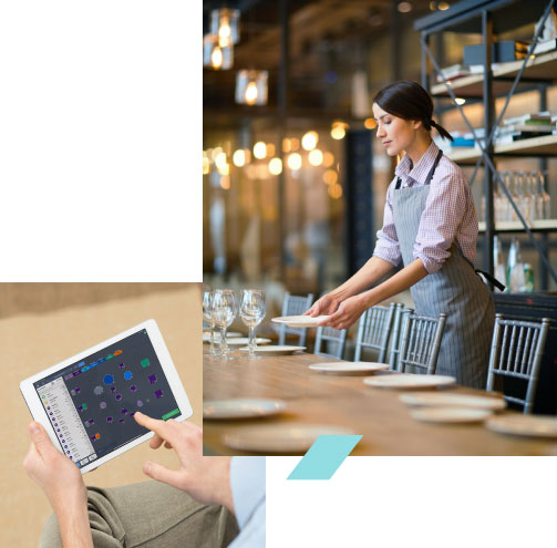 Two images, one of a female restaurant worker setting up a table and the other someone using the TouchBistro POS.